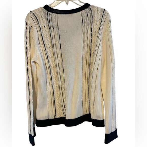 Talbots Cable Knit Cream & Black Cotton  Button Down Cardigan Sweater Large - Picture 2 of 9